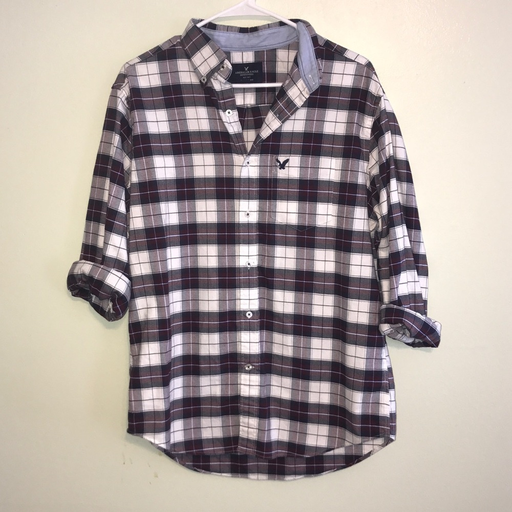 Men's Maroon and Blue Button-Up